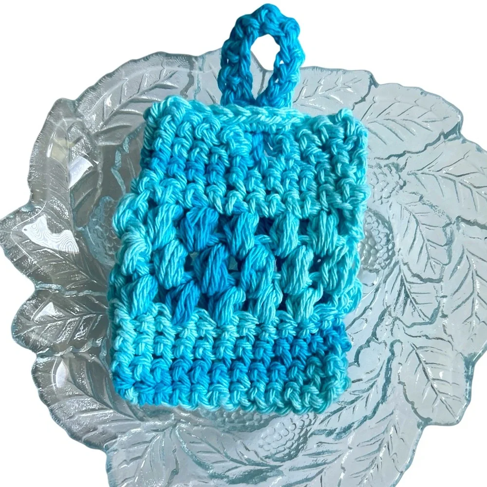 HAND CRAFTED Crochet Soap Saver Bag Blue 100% Cotton Bath Exfoliating Essential